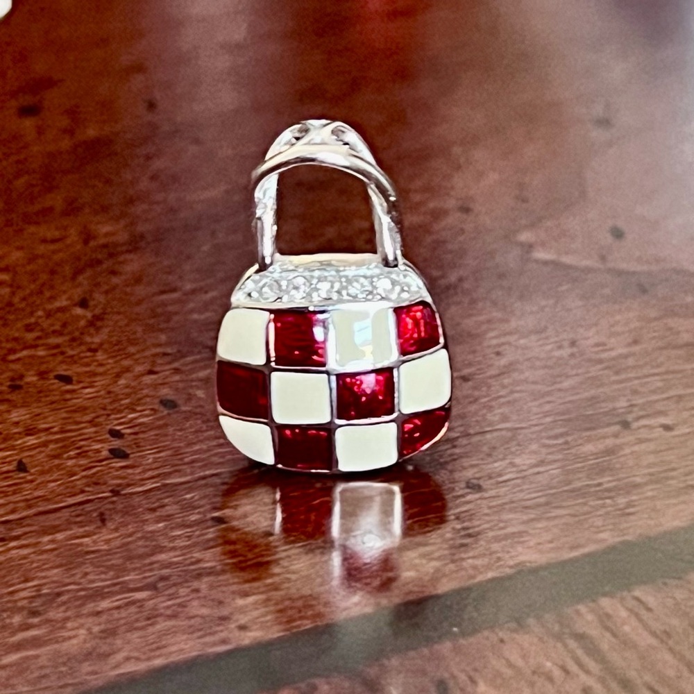925 Sterling Silver Red and White Checkered Charm/Pendant - Picture 5 of 7